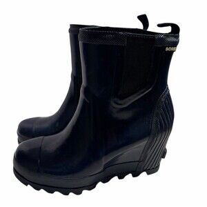Sorel Boots Joan Rain Wedge Chelsea Ankle Bootie NL2526 464 Navy Blue Rubber 6